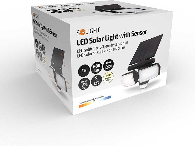 Pakabinamas šviestuvas Solight LED saulės šviestuvas su jutikliu, 8W, 600lm, Li-on, juodas