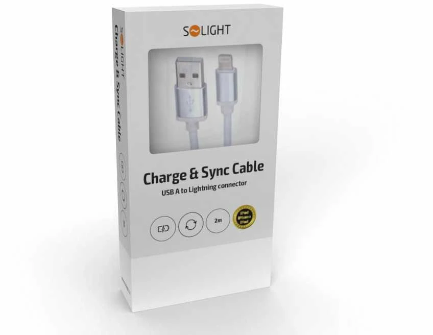 „Solight“ „Lightning“ laidas, USB 2.0 A jungtis - „Lightning“ jungtis, silikoninis, 2 m