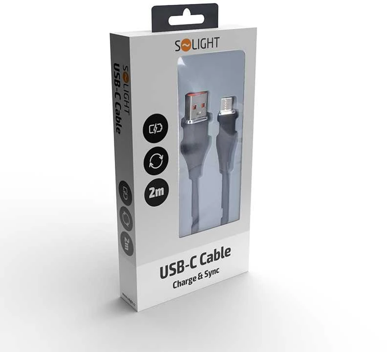 „Solight“ USB-C laidas, USB 2.0 A jungtis - USB-C 3.1 jungtis, silikoninis, 2 m