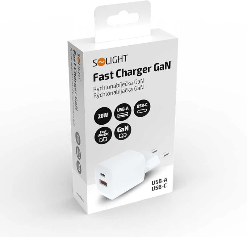 „Solight“ USB-C + USB-A greitasis įkroviklis GaN 20W PD