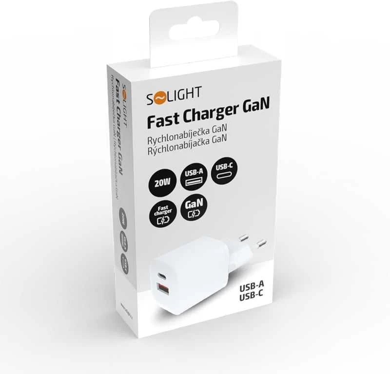 „Solight“ USB-C + USB-A greitasis įkroviklis GaN 20W PD