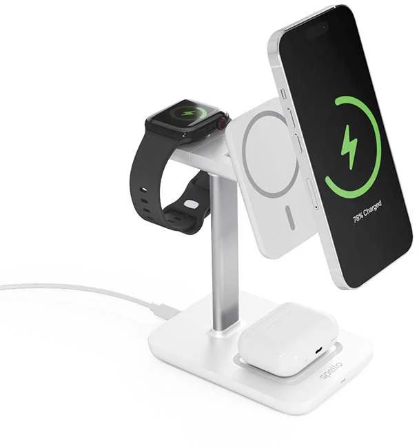 „Epico Spello“ belaidė įkrovimo stotelė su „MagSafe“ palaikymu, 3in1, balta