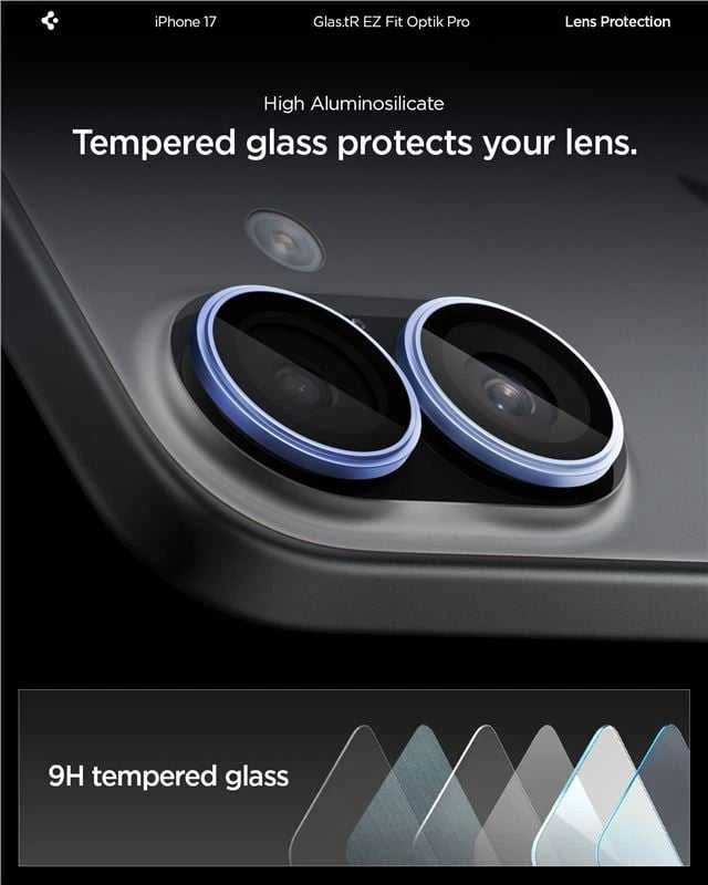 „Spigen Optik Pro GLAS.TR EZ FIT“ kameros dėklai, 2 vnt. pakuotė, skirti „iPhone 16 / 16 Plus / 17“ - Mėlyna