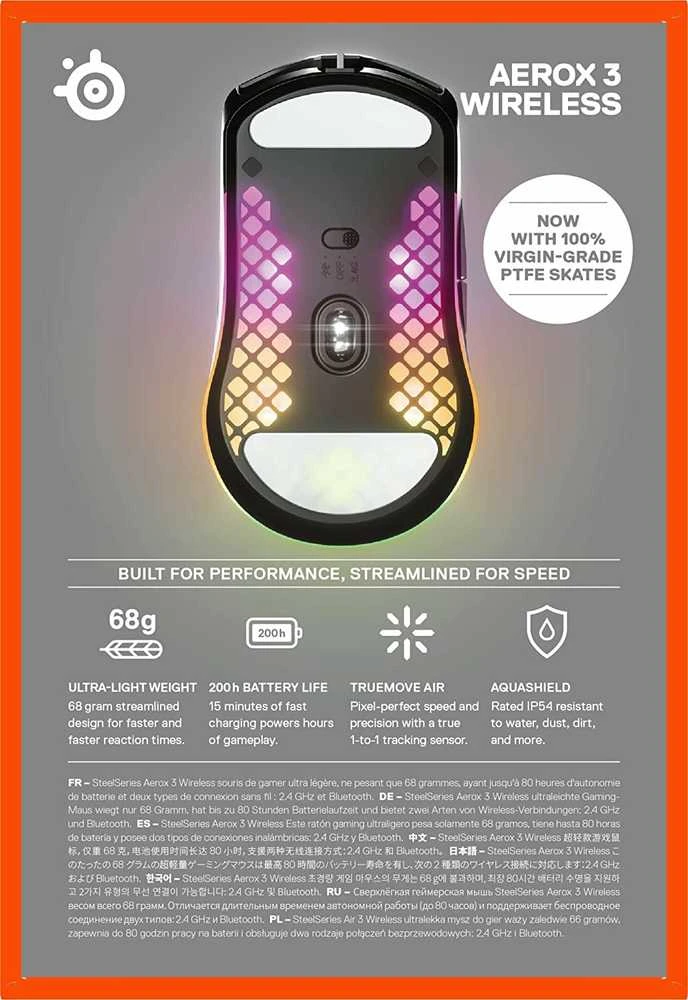 Belaidė Žaidimų pelė SteelSeries Aerox 3 Wireless, Juodos spalvos