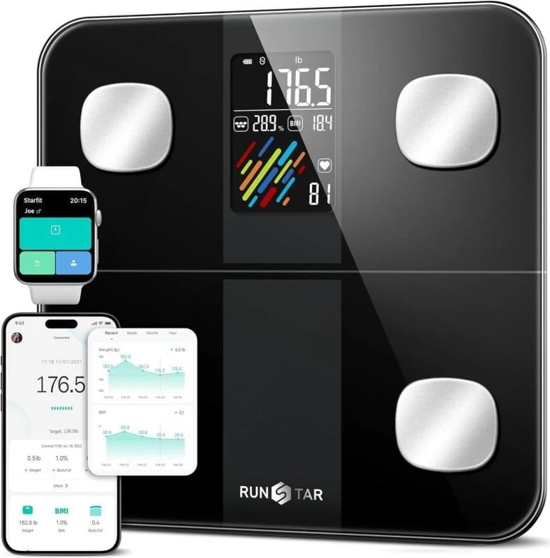 Virtuvinės svarstyklės „RunStar 4E SmartView“ kūno svarstyklės, juodos (FG2019LB)