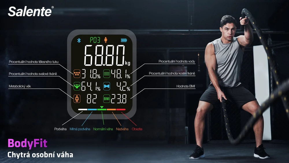 Svarstyklės Evolveo Salente BodyFit, chytrá osobní diagnostická fitness váha, Bluetooth, bílá