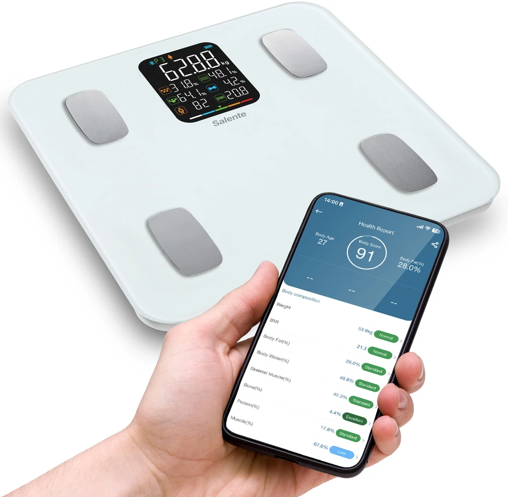 Svarstyklės Evolveo Salente MaxFit, Smart Personal Diagnostic Fitness Scale, Bluetooth, Baltas