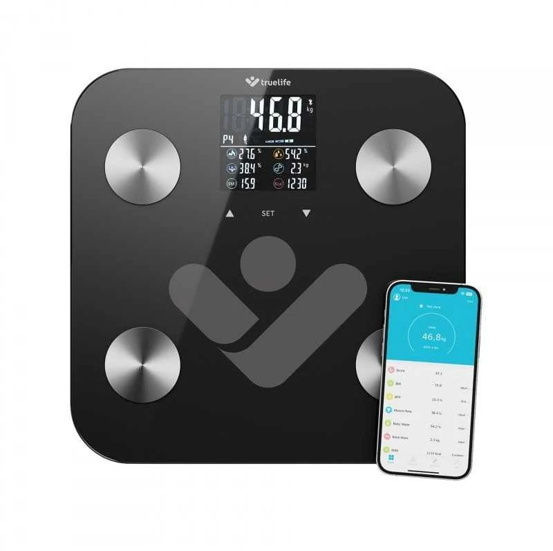 Svarstyklės TrueLife FitScale W6 BT – Bioelektrinės varžos „Bluetooth“ skalė – juoda