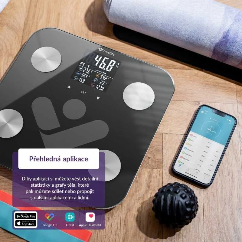 Svarstyklės TrueLife FitScale W6 BT – Bioelektrinės varžos „Bluetooth“ skalė – juoda
