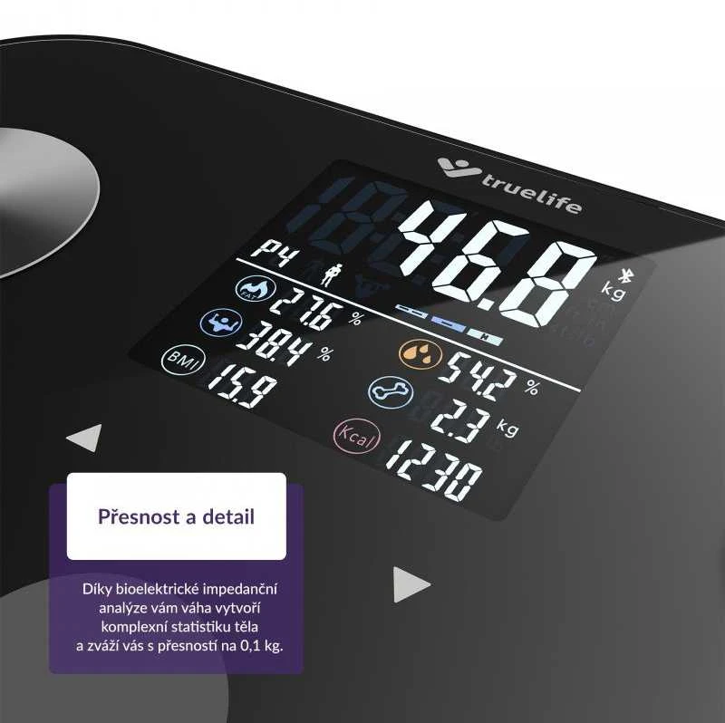 Svarstyklės TrueLife FitScale W6 BT – Bioelektrinės varžos „Bluetooth“ skalė – juoda