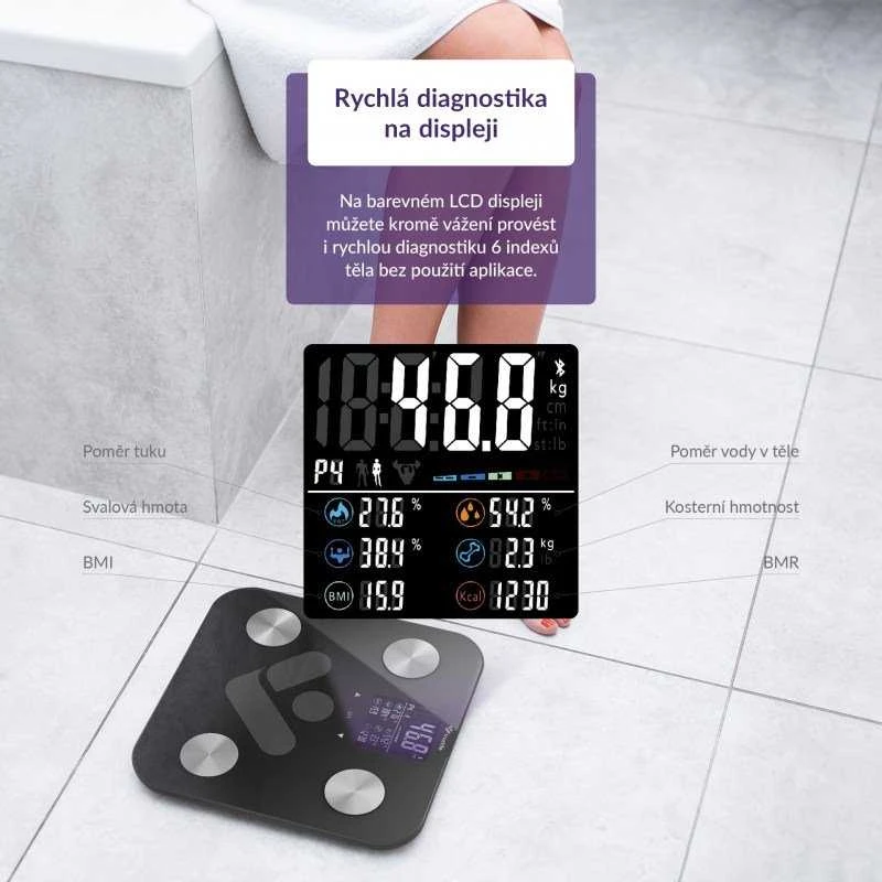 Svarstyklės TrueLife FitScale W6 BT – Bioelektrinės varžos „Bluetooth“ skalė – juoda