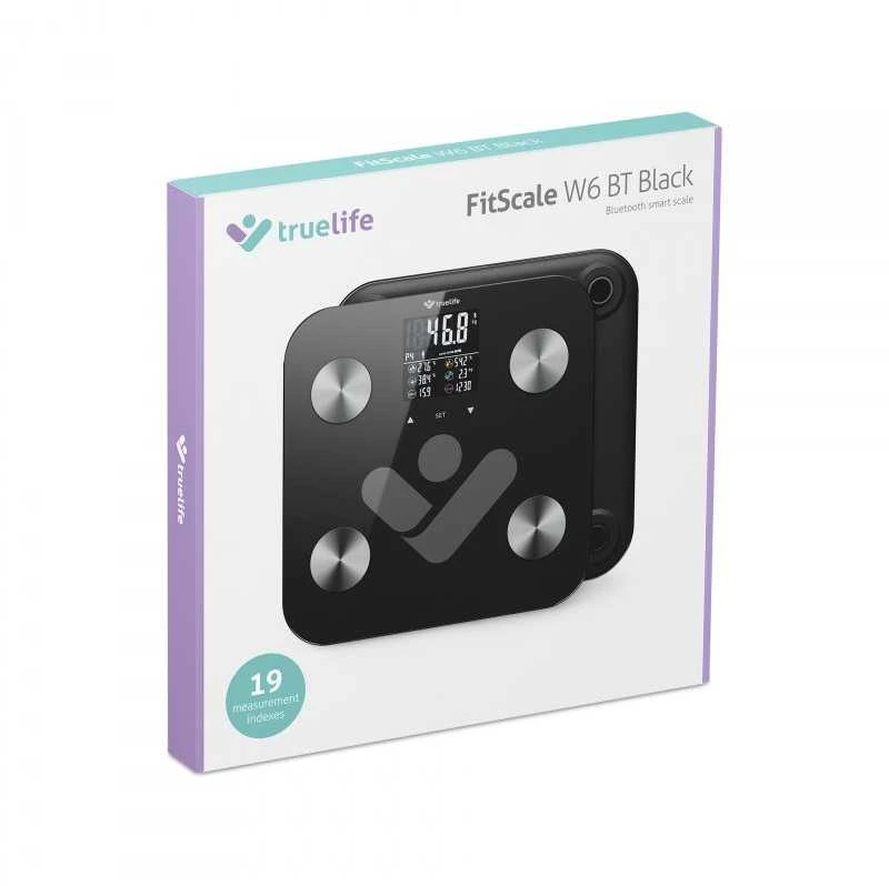Svarstyklės TrueLife FitScale W6 BT – Bioelektrinės varžos „Bluetooth“ skalė – juoda