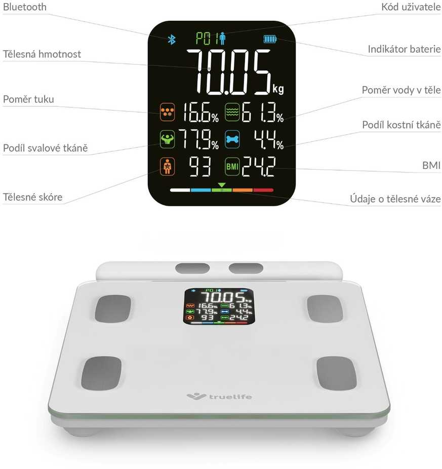 „TrueLife FitScale W8 BT Baltas“ – asmeninės diagnostinės „Bluetooth“ svarstyklės