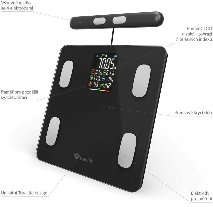 „TrueLife FitScale W8 BT Juodas“ – asmeninės diagnostinės „Bluetooth“ svarstyklės