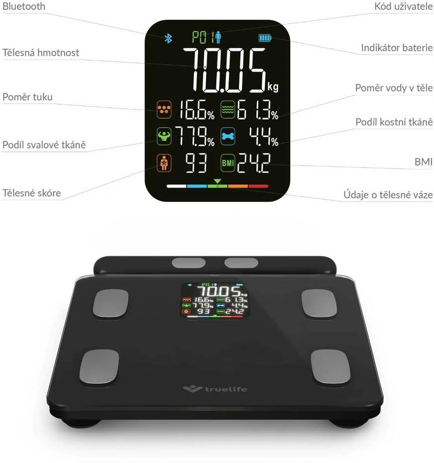 „TrueLife FitScale W8 BT Juodas“ – asmeninės diagnostinės „Bluetooth“ svarstyklės