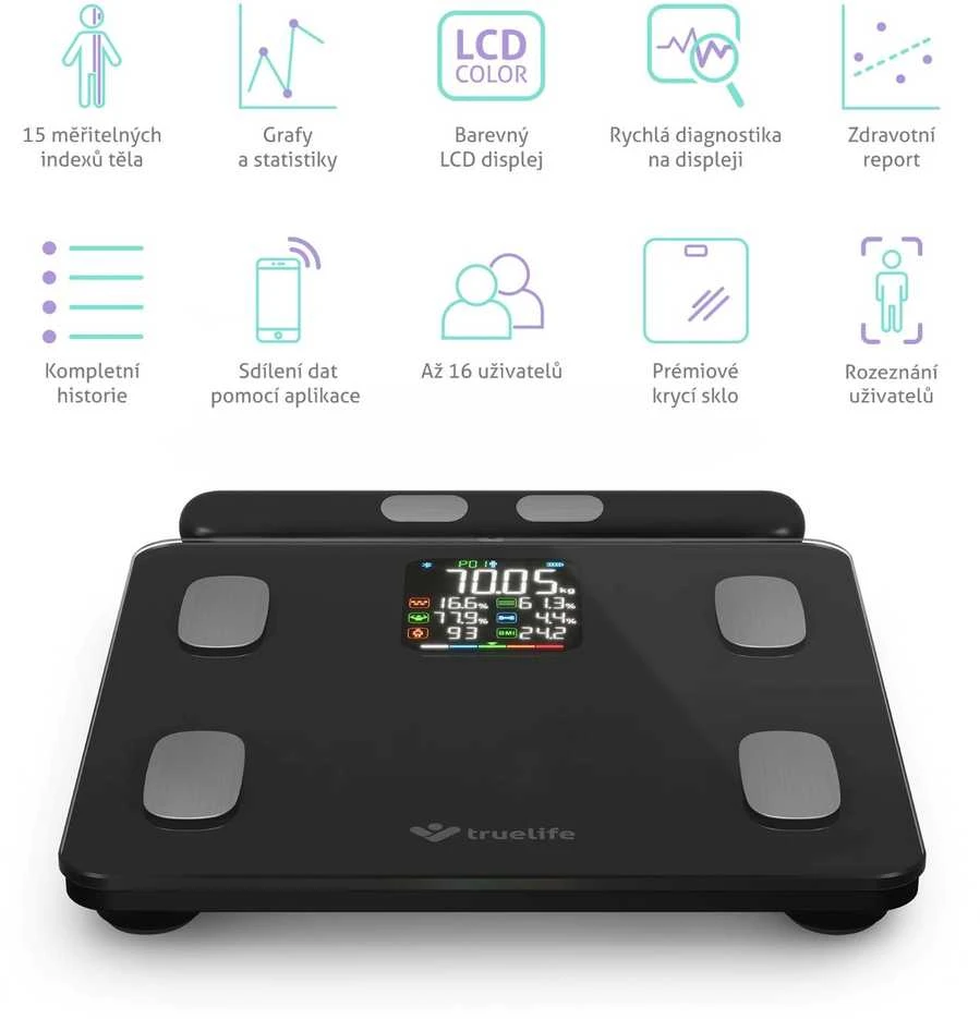 „TrueLife FitScale W8 BT Juodas“ – asmeninės diagnostinės „Bluetooth“ svarstyklės