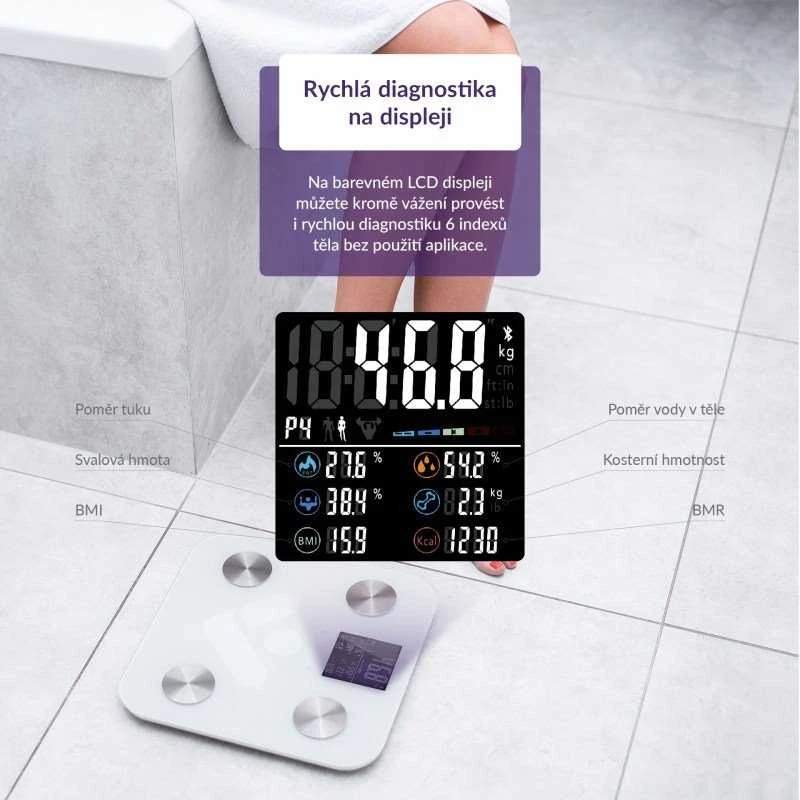 Svarstyklės TrueLife FitShape S6 BT – Bioelektrinės varžos „Bluetooth“ skalė – balta
