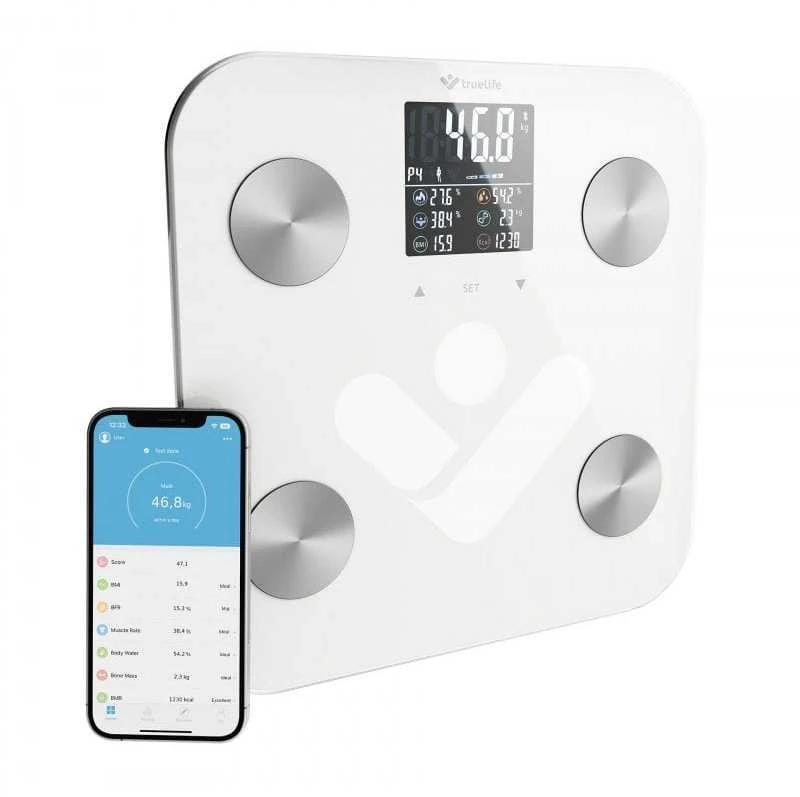 Svarstyklės TrueLife FitShape S6 BT – Bioelektrinės varžos „Bluetooth“ skalė – balta