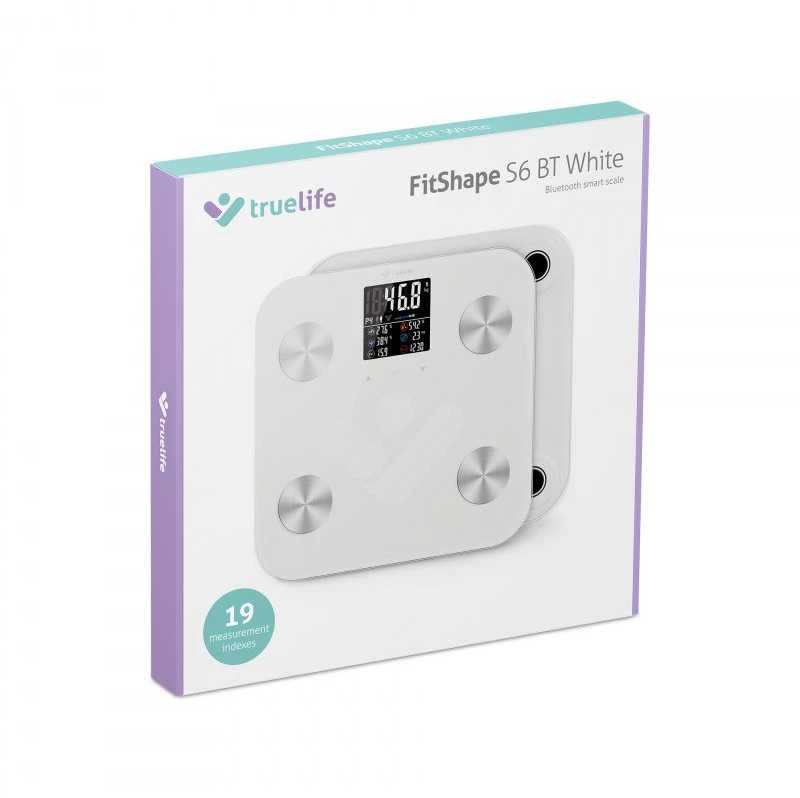 Svarstyklės TrueLife FitShape S6 BT – Bioelektrinės varžos „Bluetooth“ skalė – balta