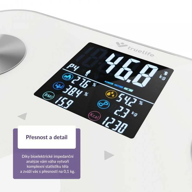 Svarstyklės TrueLife FitShape S6 BT – Bioelektrinės varžos „Bluetooth“ skalė – balta