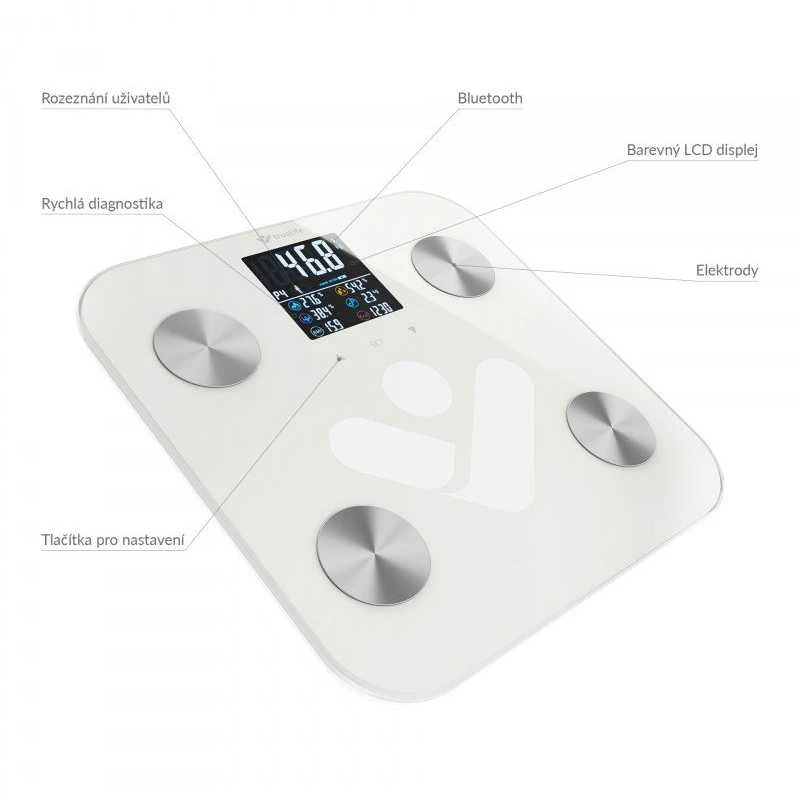 Svarstyklės TrueLife FitShape S6 BT – Bioelektrinės varžos „Bluetooth“ skalė – balta