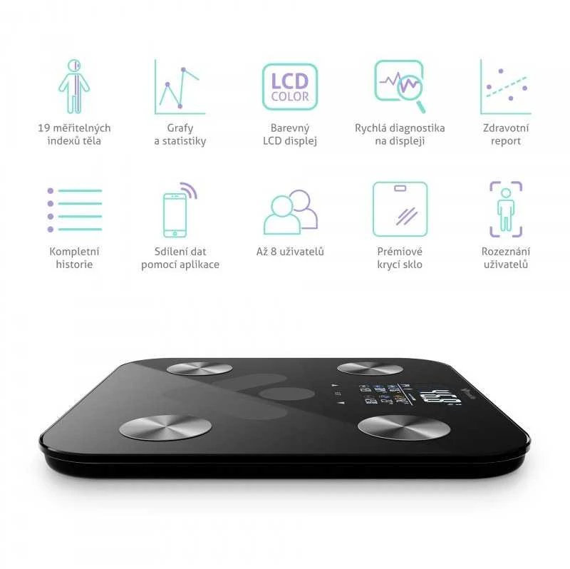 Svarstyklės TrueLife FitShape S6 BT – Bioelektrinės varžos „Bluetooth“ skalė – juoda