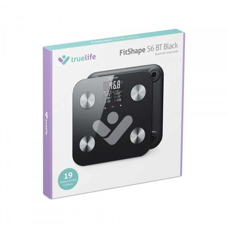 Svarstyklės TrueLife FitShape S6 BT – Bioelektrinės varžos „Bluetooth“ skalė – juoda