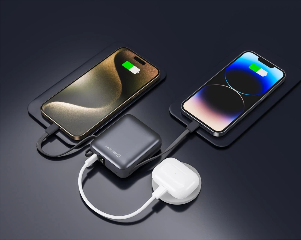 „Swissten“ išorinė baterija 10000 mAh su integruotais USB-C ir „Lightning“ laidais