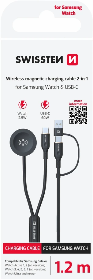 „Swissten“ belaidis 2in1 įkrovimo laidas, skirtas „Samsung Galaxy Watch“ / 2x USB-C / USB 1.2m