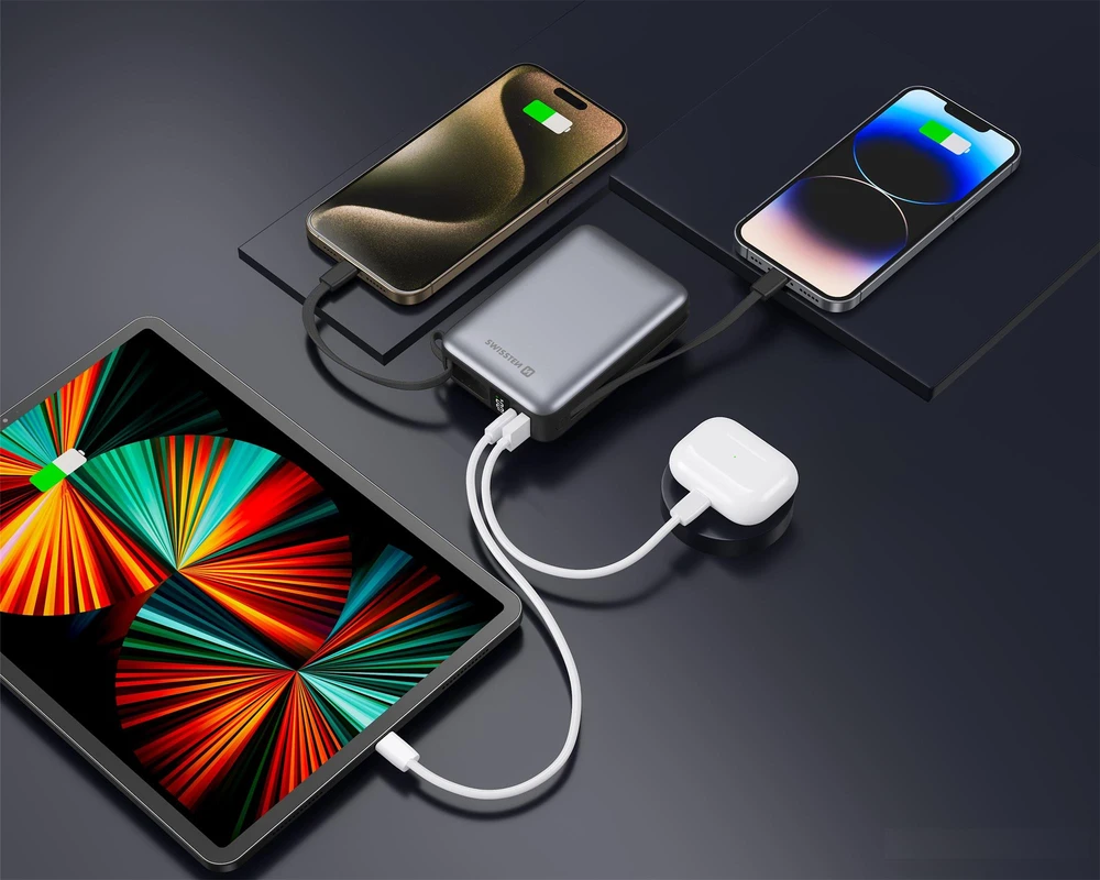 „Swissten“ išorinė baterija 20000 mAh su integruotais USB-C ir „Lightning“ laidais