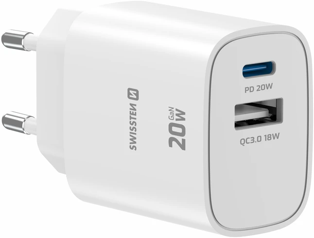„Swissten Edge GaN“ kelioninis įkroviklis GaN USB-C PD 20W + USB-A 18W QC
