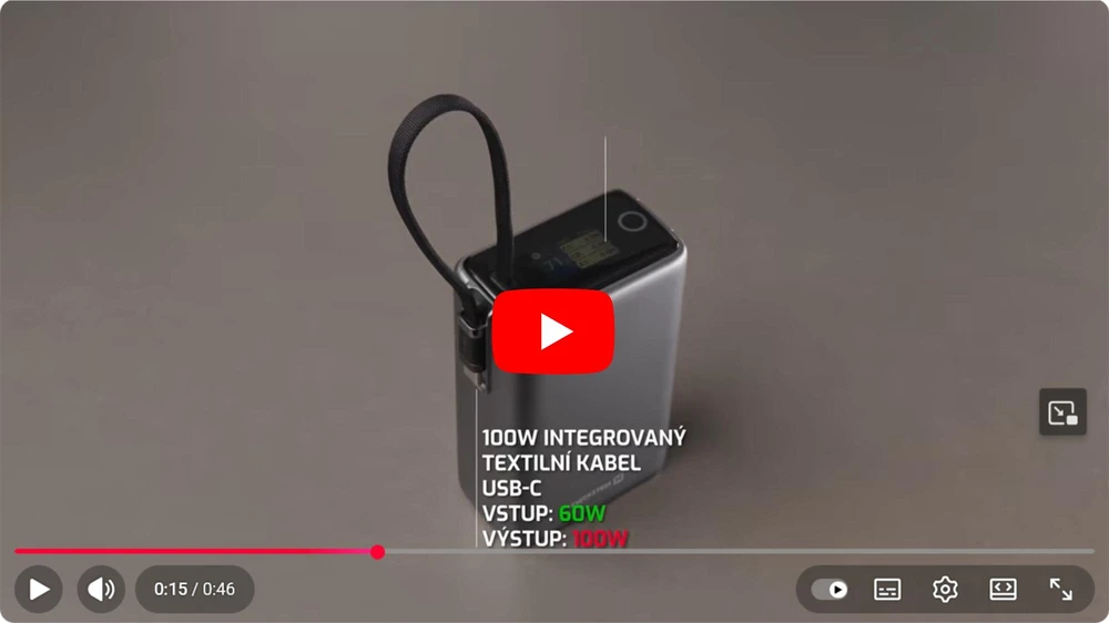 „Swissten“ išorinė baterija 25000 mAh (96,25 Wh) 100 W su integruotu USB-C laidu