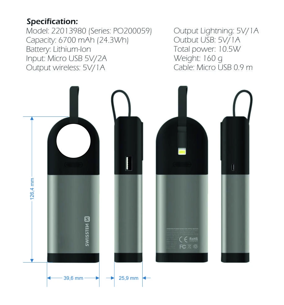 Swissten 2in1 Apple Watch MFi Power Bank 6700 mAh