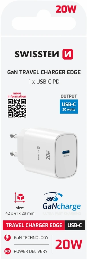 Įkroviklis Swissten SWISSTEN tinklo adapteris EDGE GaN 20W, 1 prievadas, 1x USB-C