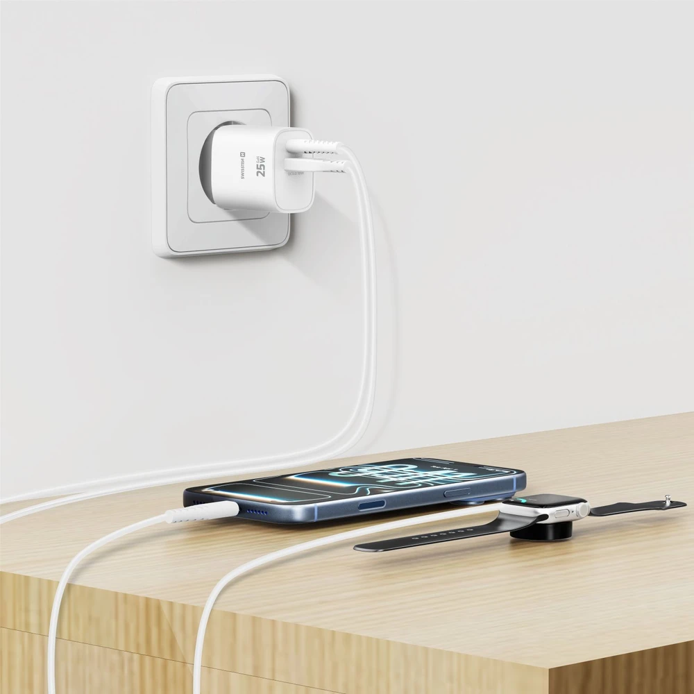 Įkroviklis Swissten SWISSTEN tinklo adapteris EDGE GaN 25W, 2 prievadų, 1x USB-C PD 25W + 1x USB-A 18W QC