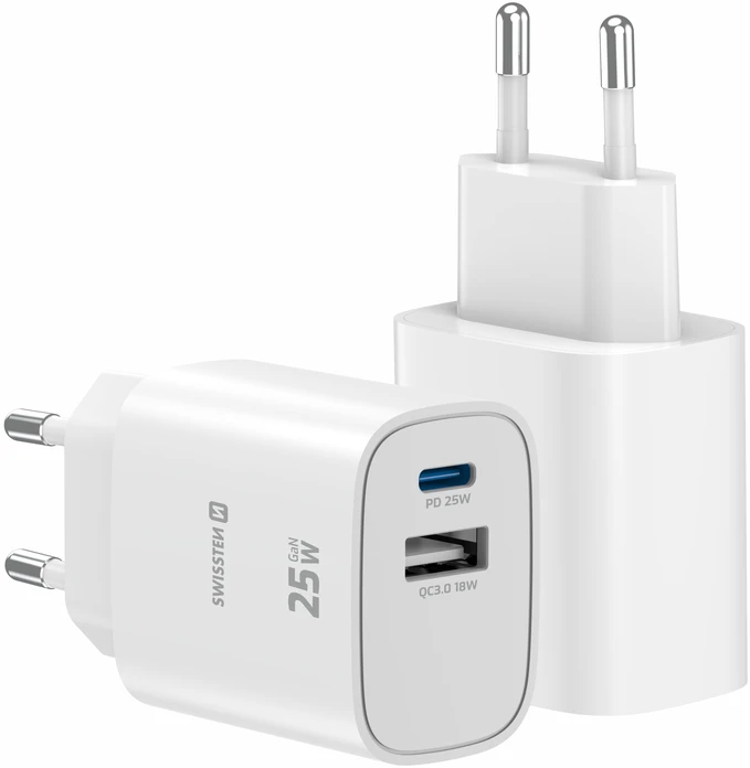 Įkroviklis Swissten SWISSTEN tinklo adapteris EDGE GaN 25W, 2 prievadų, 1x USB-C PD 25W + 1x USB-A 18W QC