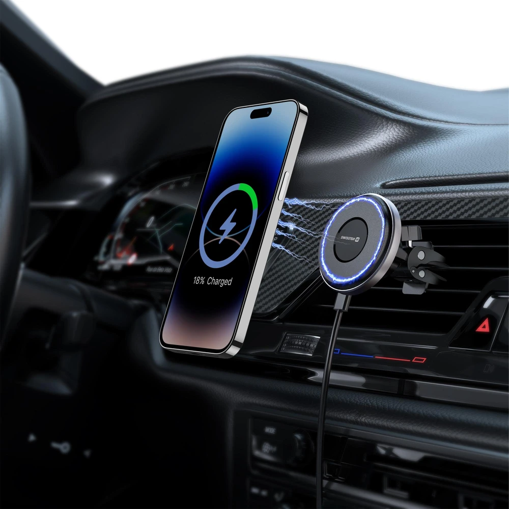 „Swissten Airhold“ magnetinis automobilio laikiklis su belaidžiu įkrovikliu 15 W / 7,5 W (suderinamas su „MagSafe“)