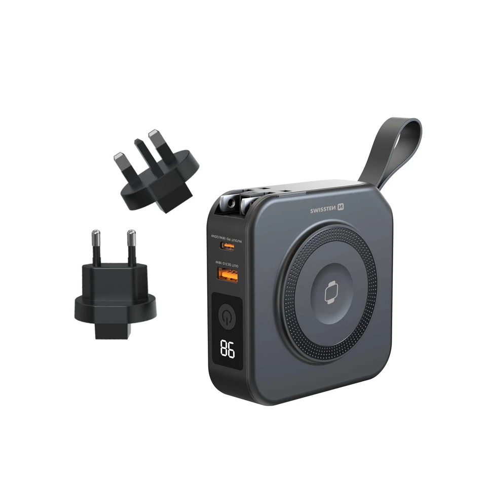 „Swissten“ išorinė baterija „ALL-IN-ONE PRO“ su keičiamais kištukais (JAV / ES / JK), 20 W, 10000 mAh