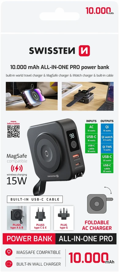 „Swissten“ išorinė baterija „ALL-IN-ONE PRO“ su keičiamais kištukais (JAV / ES / JK), 20 W, 10000 mAh