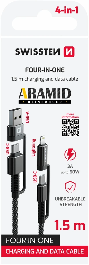 „Swissten“ aramidu sustiprintas kabelis 4in1 / 3A / 1,5m