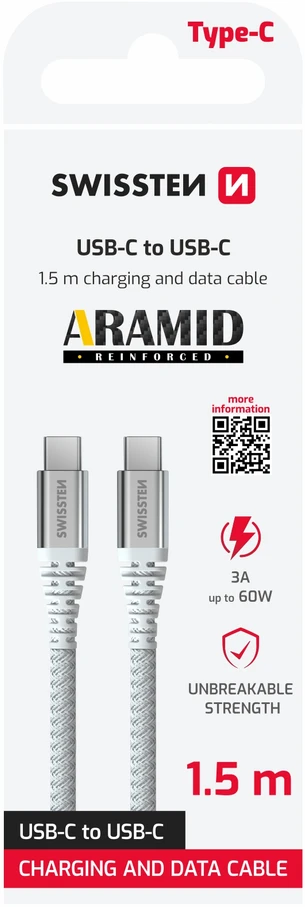 SWISSTEN ARAMID REINFORCED duomenų kabelis USB-C - USB-C 1,5 m, baltas