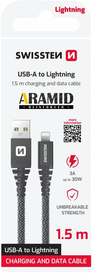 Kabelis USB Swissten USB-A - Lightning 1.5 m Pilka (71543010)