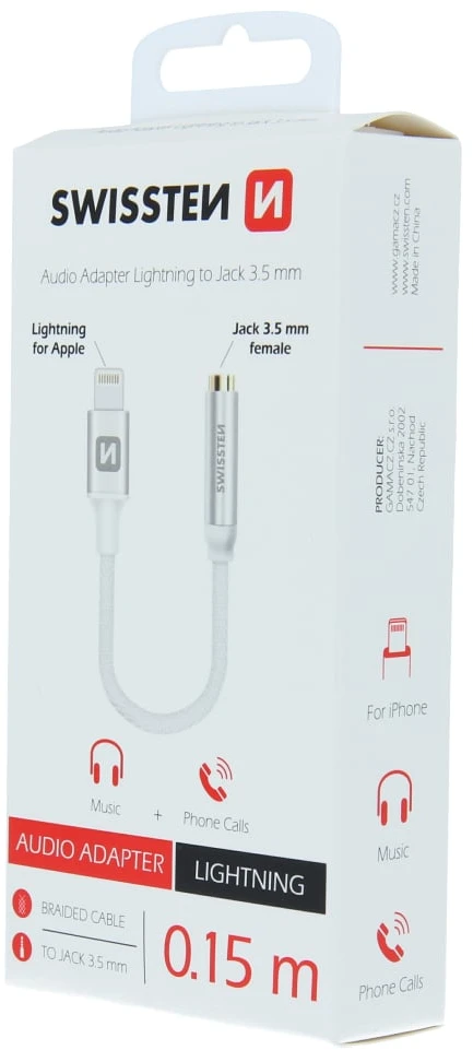 Phone Accessories Swissten / Lightning garso adapteris prie lizdo 3,5 mm, tekstilė, ilgis 15 cm, sidabras