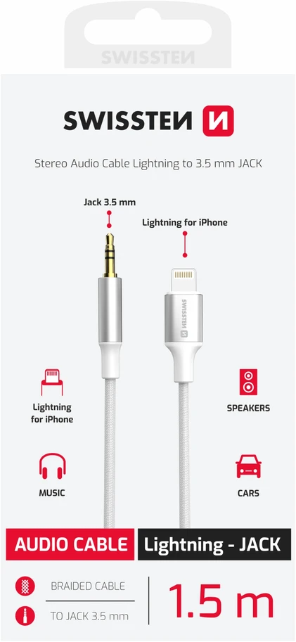 SWISSTEN TEXTILE Garso adapteris Lightning - 3,5 mm lizdas 1,5 m baltas