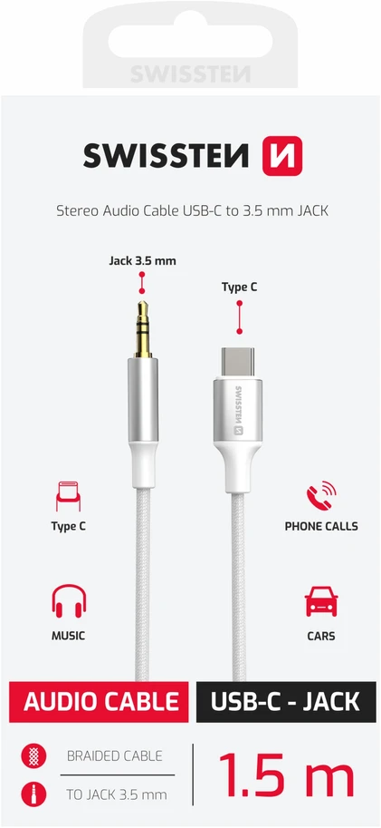 SWISSTEN TEXTILE Audio adaptér USB-C (M) - 3.5mm Jack 1.5m bílá