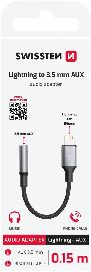 SWISSTEN TEXTILE Audio adaptér Lightning - 3.5mm Jack 0.15m juoda
