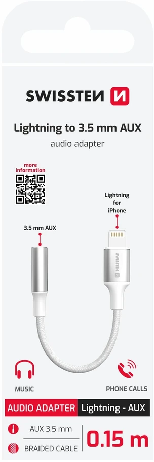 AV adapteris „Swissten“ tekstilinis „Lightning“ į 3,5 mm lizdą, 15 cm