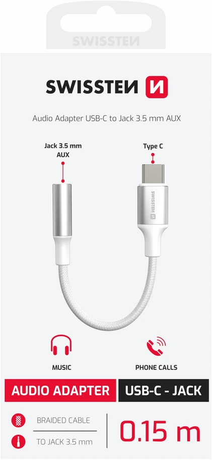 „Swissten Textile“ USB-C į 3,5 mm lizdą jungiantis garso adapteris, 15 cm