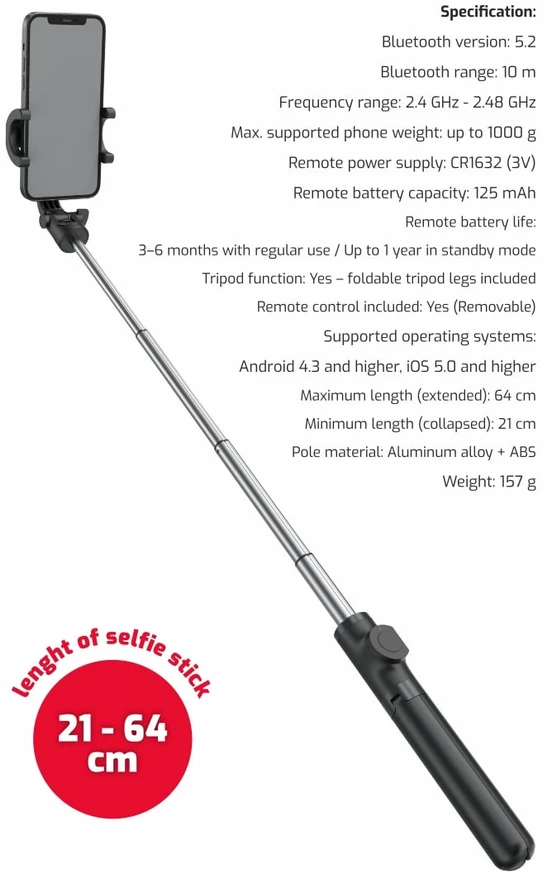 Swissten „Bluetooth“ „selfie Stick“ aliuminio trikojis Pro