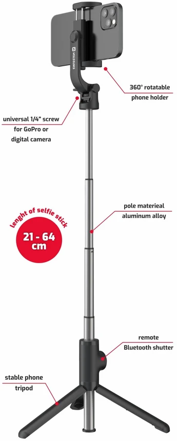 Swissten „Bluetooth“ „selfie Stick“ aliuminio trikojis Pro